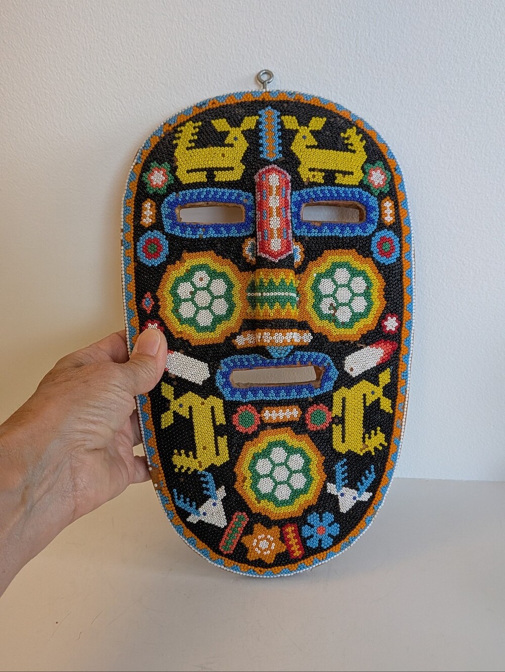 Mexican Huichol Hand Beaded Wall Mask beads on wood colourful art Scorpion Deer